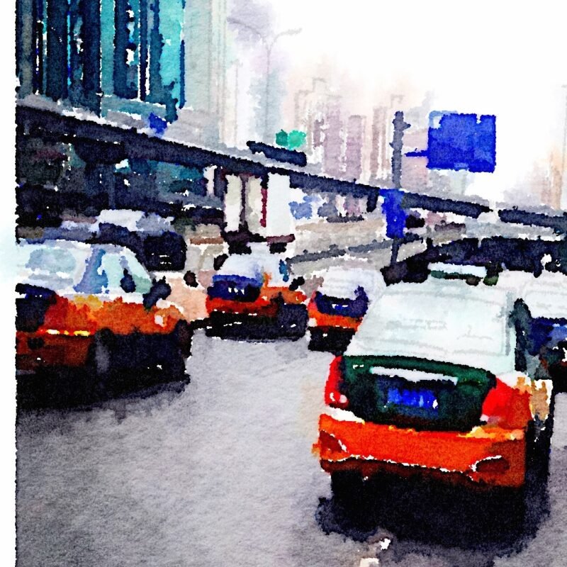 A photograph-turned-painting of taxis in Beijing traffic, 2014.